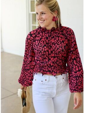 C/MEO Collective Smocked Leopard Print Crop Top Sz Small Pink Blue Ruffle Blouse